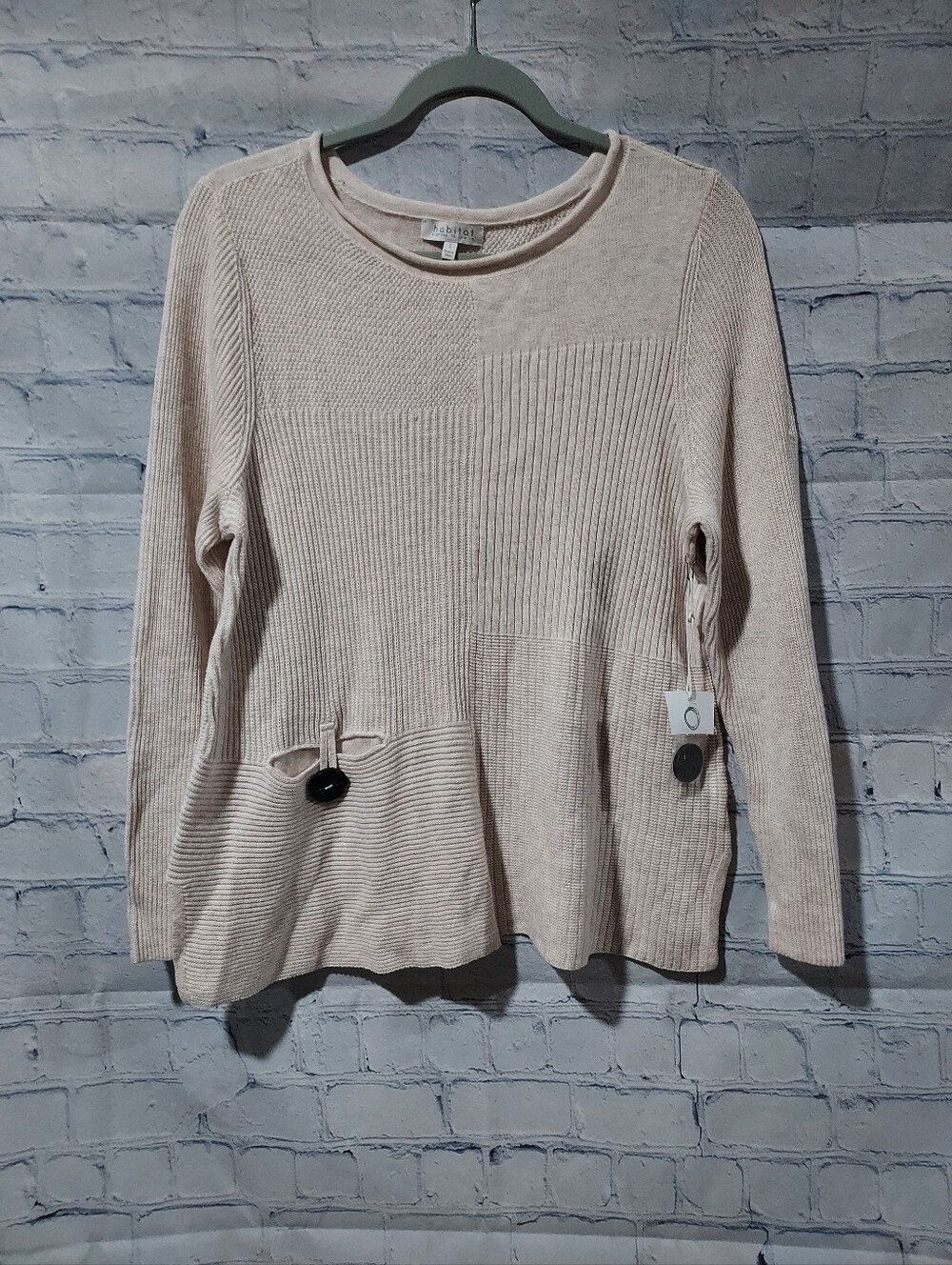 Habitat Clothes To Live In Small Cotton Sweater Beige Fisherman Boho Roll Neck